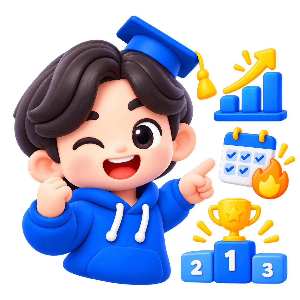 Korean Tutor mascot celebrating progress with a growth chart, learning streak calendar, and trophy podium