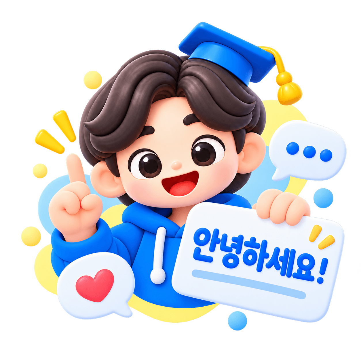 Korean Tutor mascot presenting an everyday Korean greeting