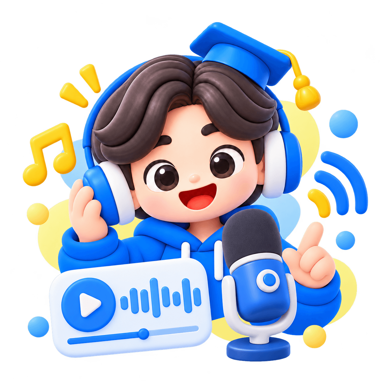 Korean Tutor mascot listening to a podcast with headphones